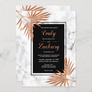 Elegant Copper Marble Black White Tropical Wedding Invitation