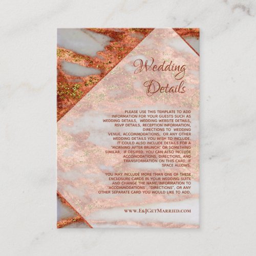 Elegant Copper Marble Geometric Wedding Details Enclosure Card