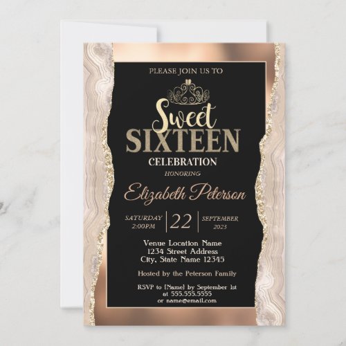 Elegant Copper Marble Glitter Sweet 16 Invitation