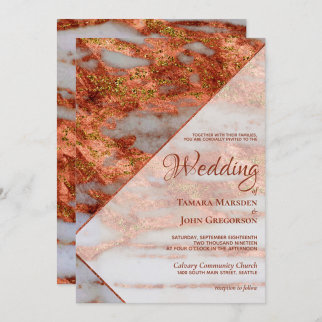 Elegant Copper Metallic Marble Geometric Wedding Invitation (Front/Back)