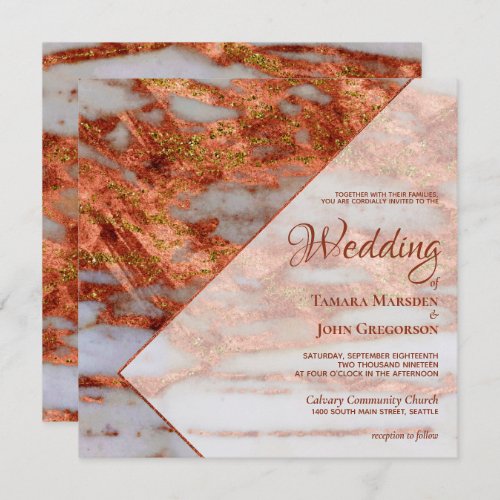 Elegant Copper Metallic Marble Geometric Wedding Invitation