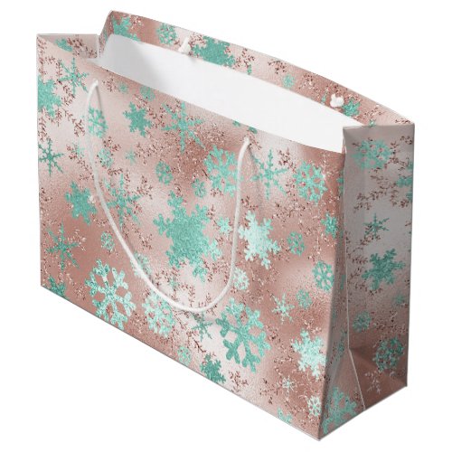 Elegant Copper  Mint Christmas Snowflake Pattern Large Gift Bag