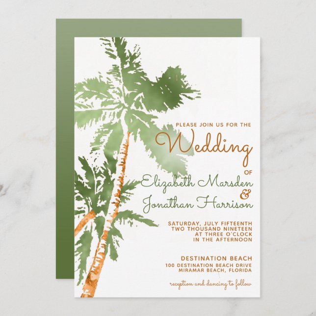 Elegant Copper Palm Trees Tropical Beach Wedding Invitation (Front/Back)