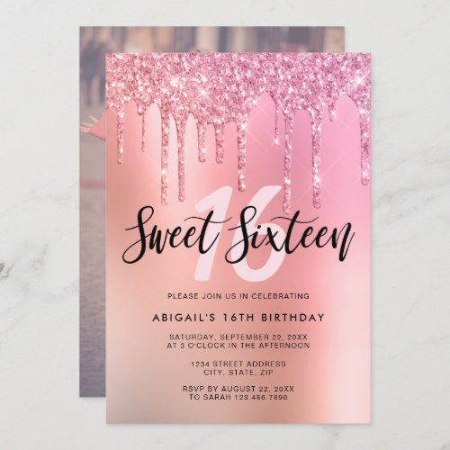 Elegant copper  pink glitter drips sweet sixteen invitation