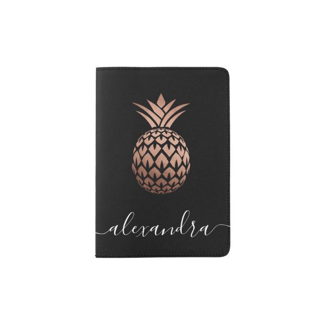 Elegant copper rose gold black pineapple passport holder (Front)