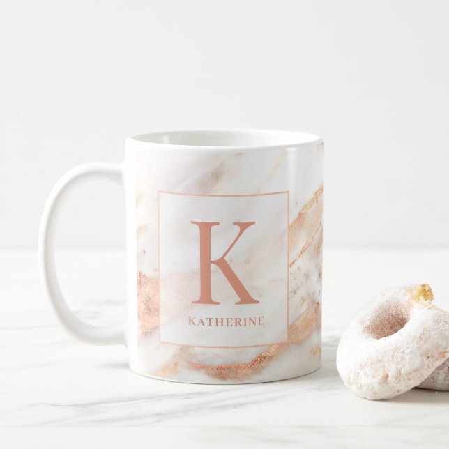 Elegant Copper Rose Gold Foil Marble Monogram Coffee Mug (With Donut)