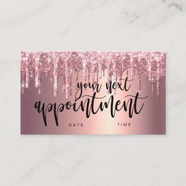Elegant copper rose gold glitter drip hair stylist appointment card (Front)
