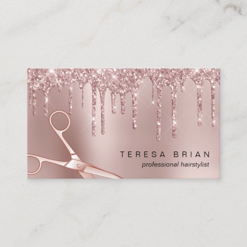 Elegant copper rose gold glitter drips hairstylist business card