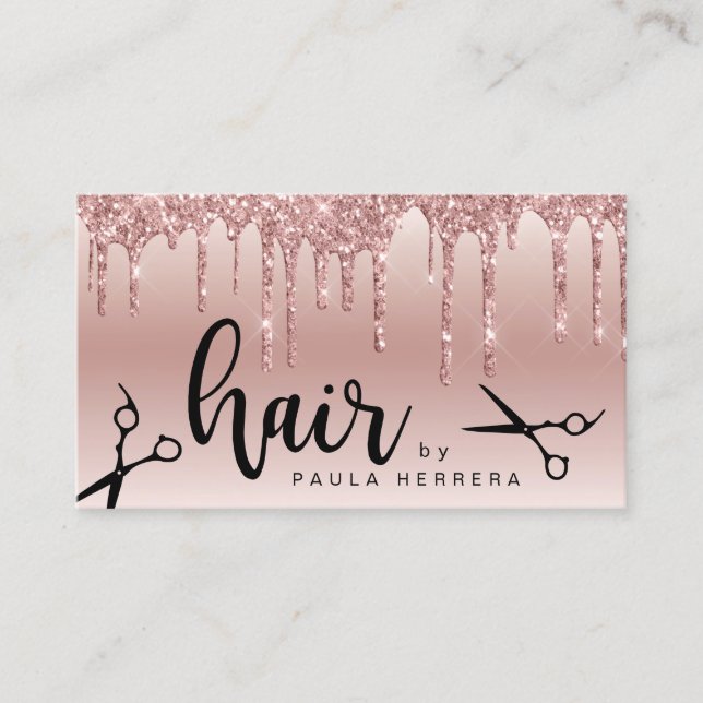 Elegant copper rose gold glitter drips hairstylist business card (Front)