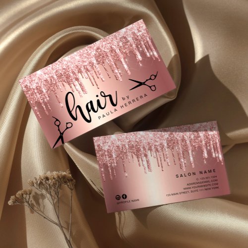 Elegant copper rose gold glitter drips hairstylist business card