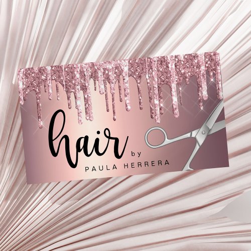 Elegant copper rose gold glitter drips hairstylist business card