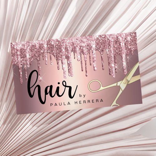 Elegant copper rose gold glitter drips hairstylist business card