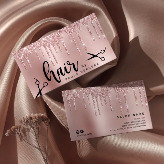 Elegant copper rose gold glitter drips hairstylist business card (Creator Uploaded)