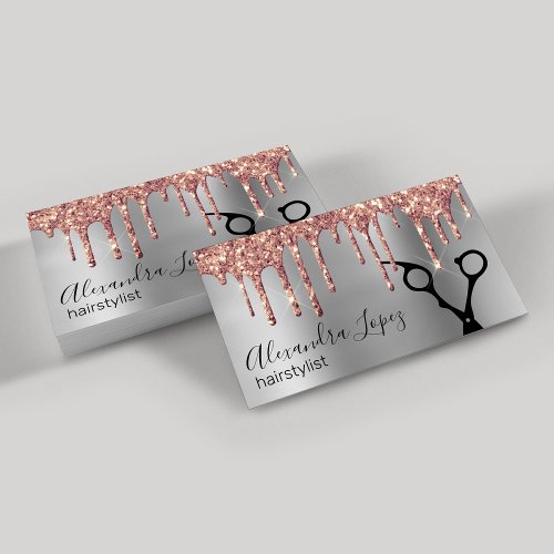 Elegant copper rose gold glitter drips hairstylist business card