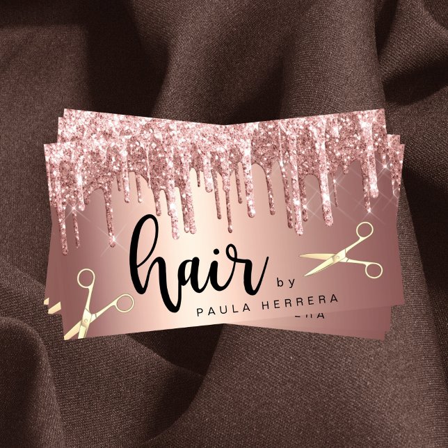 Elegant copper rose gold glitter drips hairstylist business card (Creator Uploaded)