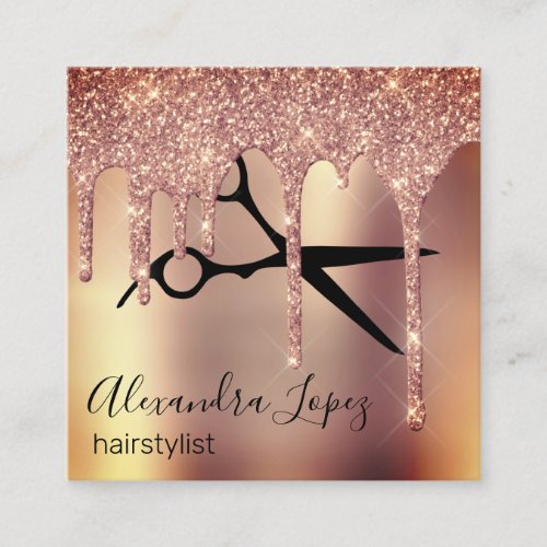 Elegant copper rose gold glitter drips hairstylist square business card