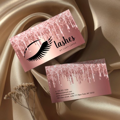 Elegant copper rose gold glitter drips lashes  business card