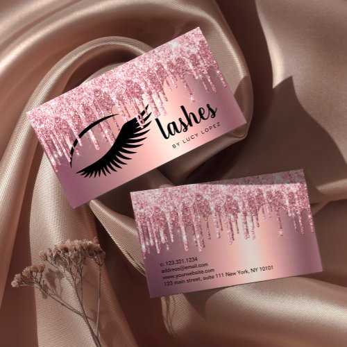 Elegant copper rose gold glitter drips lashes business card