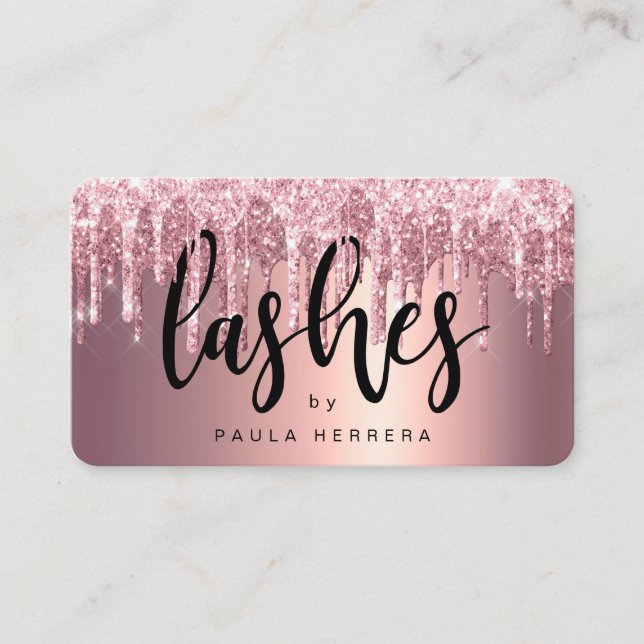 Elegant copper rose gold glitter drips lashes business card (Front)