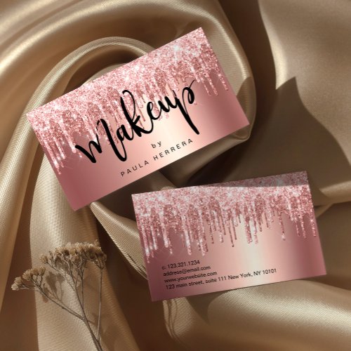Elegant copper rose gold glitter drips makeup business card