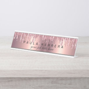 Elegant copper rose gold glitter drips makeup desk name plate