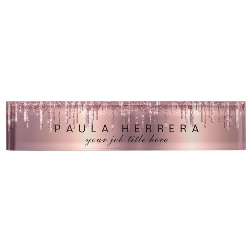 Elegant copper rose gold glitter drips makeup desk name plate