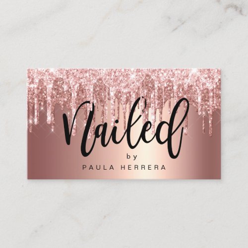 Elegant copper rose gold glitter drips nailed by business card
