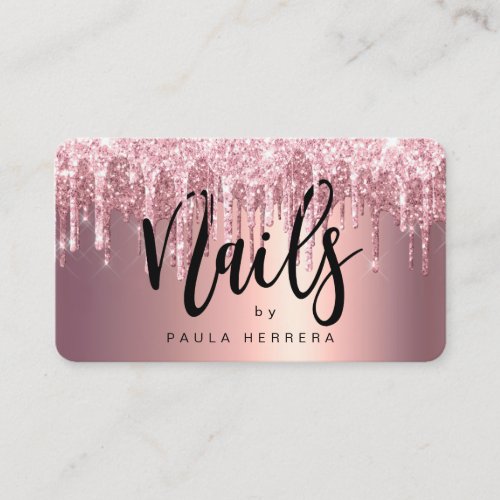 Elegant copper rose gold glitter drips nails business card