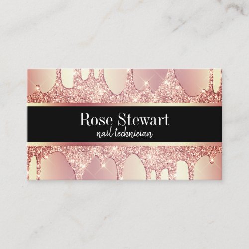 Elegant copper rose gold glitter drips nails business card