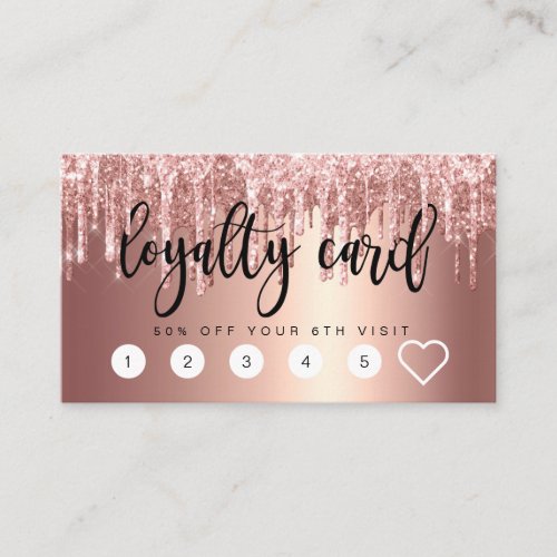 Elegant copper rose gold glitter drips nails loyalty card