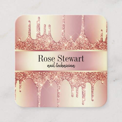 Elegant copper rose gold glitter drips nails square business card
