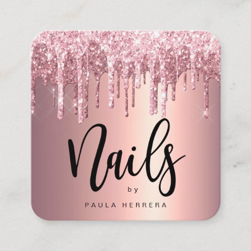 Elegant copper rose gold glitter drips nails square business card