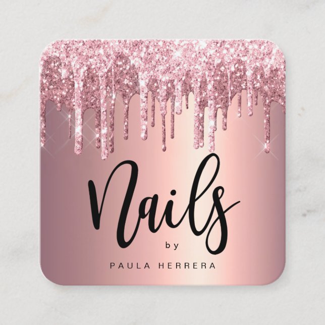 Elegant copper rose gold glitter drips nails square business card (Front)