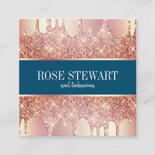 Elegant copper rose gold glitter drips nails square business card (Front)
