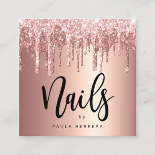 Elegant copper rose gold glitter drips nails square business card