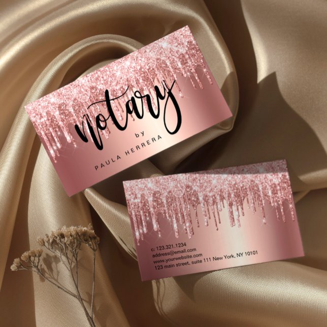 Elegant copper rose gold glitter drips notary business card (Creator Uploaded)