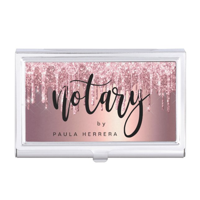 Elegant copper rose gold glitter drips notary business card case (Front)