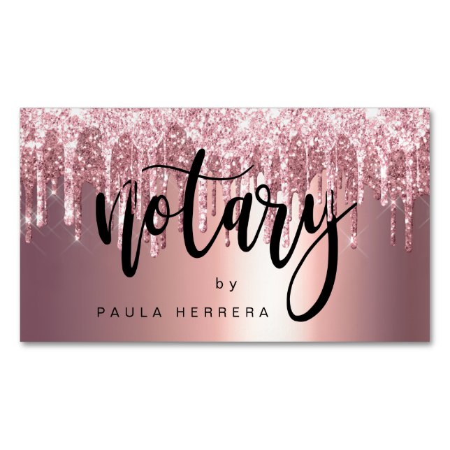 Elegant copper rose gold glitter drips notary  business card magnet (Front)