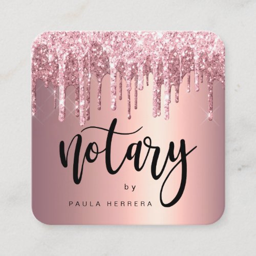 Elegant copper rose gold glitter drips notary square business card