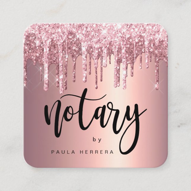 Elegant copper rose gold glitter drips notary square business card (Front)