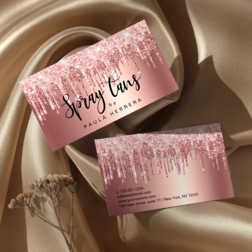 Elegant copper rose gold glitter drips spray tans business card