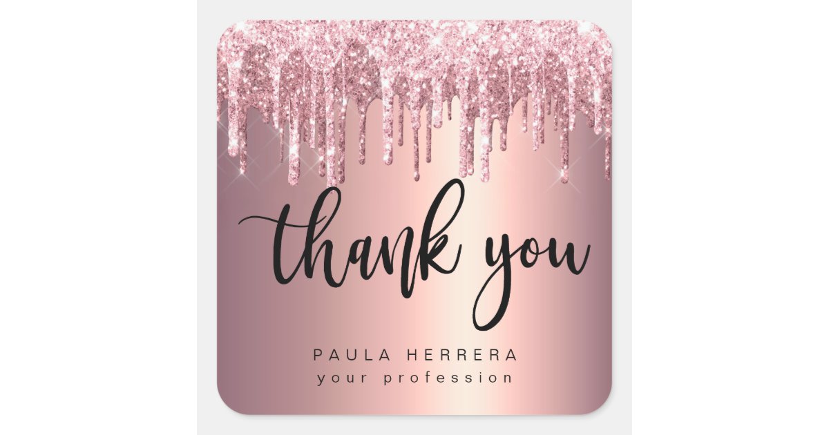 Elegant copper rose gold glitter drips thank you square sticker | Zazzle