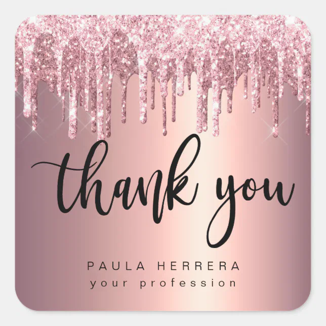 Elegant copper rose gold glitter drips thank you square sticker | Zazzle