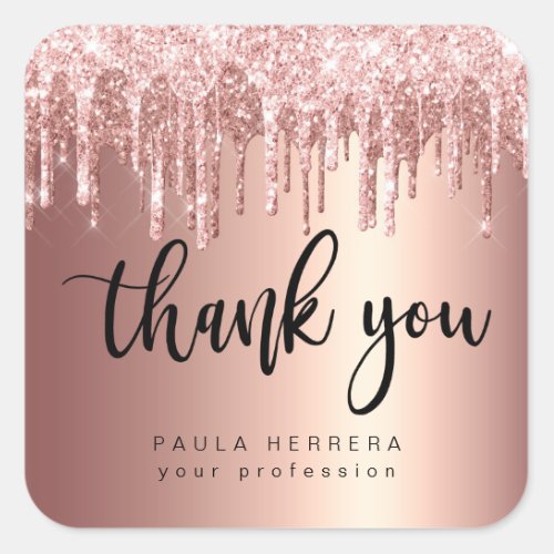 Elegant copper rose gold glitter drips thank you square sticker