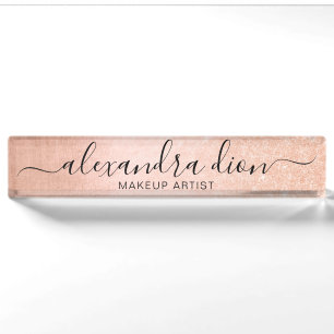 Elegant copper rose gold glitter makeup artist desk name plate