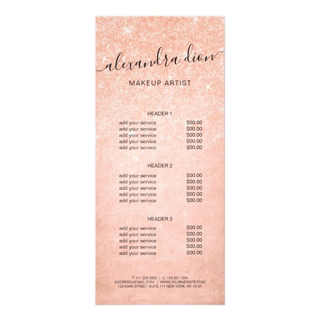 Elegant copper rose gold glitter makeup artist rack card (Front)
