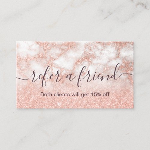 Elegant copper rose gold glitter makeup artist referral card