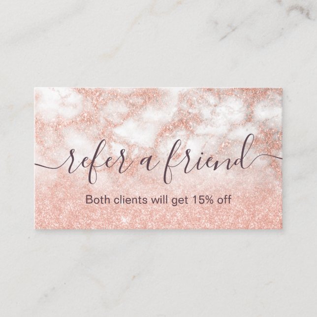 Elegant copper rose gold glitter makeup artist referral card (Front)