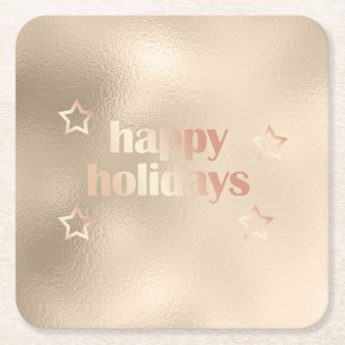 Elegant copper rose gold Happy Holidays Christmas Square Paper Coaster