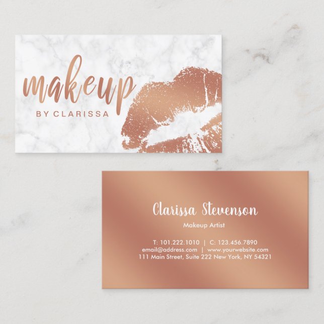 Elegant copper rose gold lips and marble makeup business card (Front/Back)